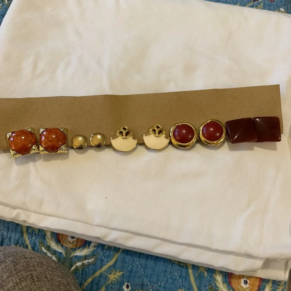 Lot of 5 Pairs Vintage‎ Clip On Earrings Monet Gold Tone Red Orange Enamel Resin